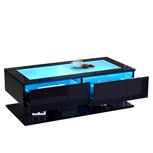 Mesa de centro 100x50x35 cm - Sofá com LED, com gavetas e vidro - Preto