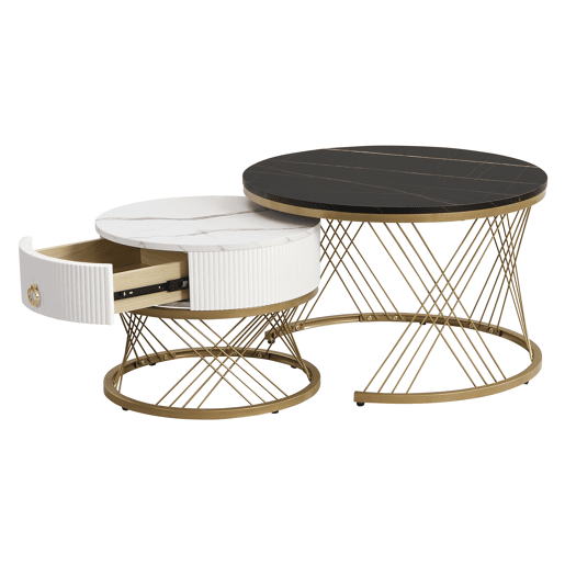 Mesa de centro empilhável 2 peças - Marmoroptik, decorações douradas, mesa auxiliar com gavetas - Preto