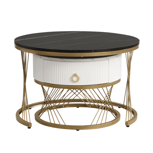 Mesa de centro empilhável 2 peças - Marmoroptik, decorações douradas, mesa auxiliar com gavetas - Preto
