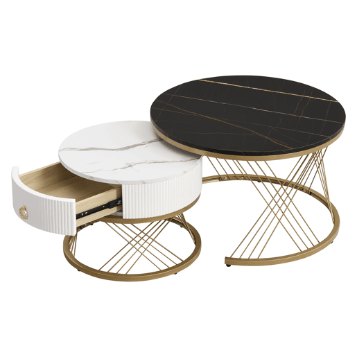 Mesa de centro empilhável 2 peças - Marmoroptik, decorações douradas, mesa auxiliar com gavetas - Preto