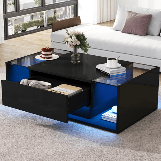 Mesa de centro 100x50x31 cm - com 1 gaveta e luz LED - mesa de vidro temperado - preta