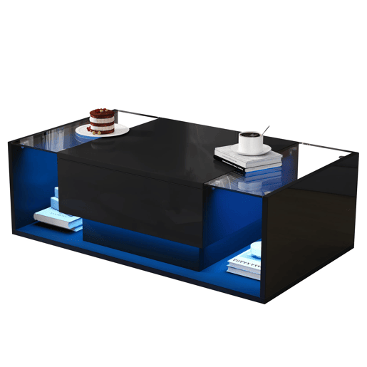 Mesa de centro 100x50x31 cm - com 1 gaveta e luz LED - mesa de vidro temperado - preta