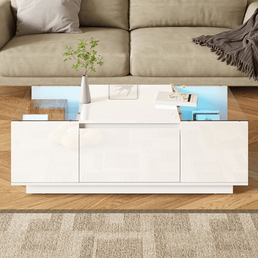 Mesa de centro moderna 105 cm - com arrumação, iluminação LED, 2 gavetas, vidro - Branco