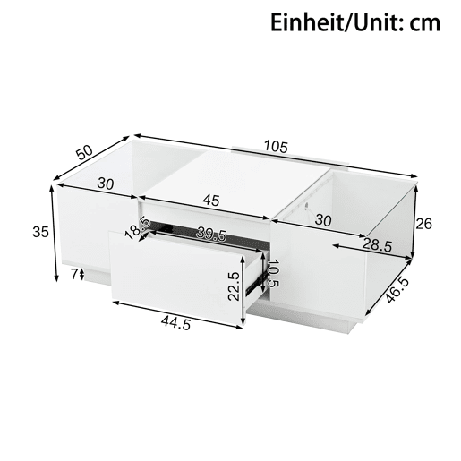 Mesa de centro moderna 105 cm - com arrumação, iluminação LED, 2 gavetas, vidro - Branco