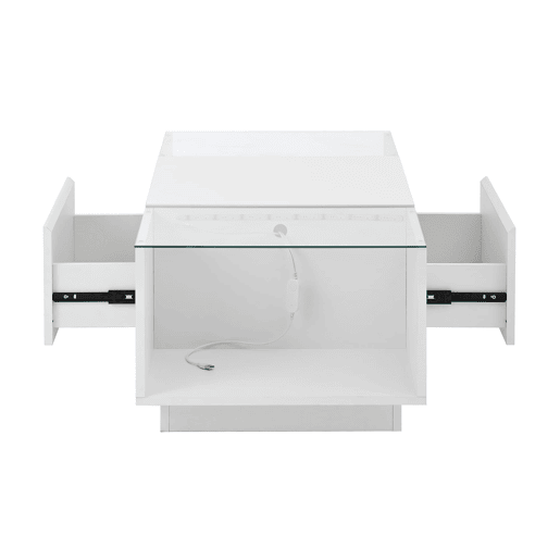 Mesa de centro moderna 105 cm - com arrumação, iluminação LED, 2 gavetas, vidro - Branco