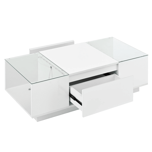 Mesa de centro moderna 105 cm - com arrumação, iluminação LED, 2 gavetas, vidro - Branco