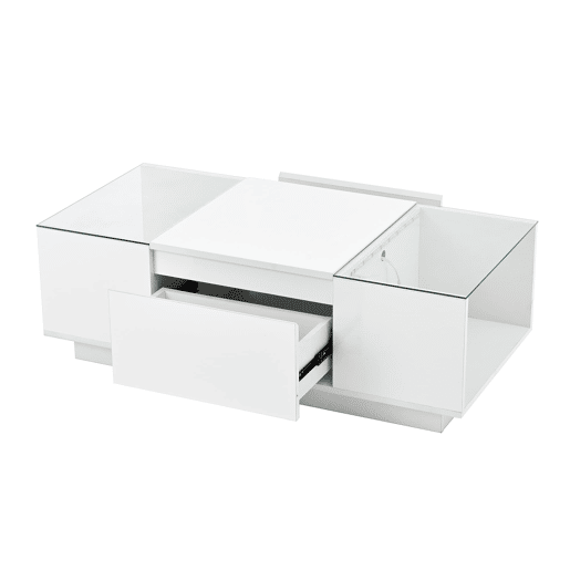 Mesa de centro moderna 105 cm - com arrumação, iluminação LED, 2 gavetas, vidro - Branco