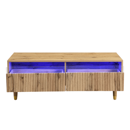 Mesa de centro LED - Com tampo ondulado com gavetas, pernas douradas de madeira, 2 gavetas, luz LED mutável