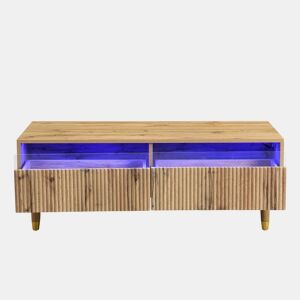 Mesa de centro LED - Com tampo ondulado com gavetas, pernas douradas de madeira, 2 gavetas, luz LED mutável