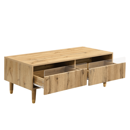 Mesa de centro LED - Com tampo ondulado com gavetas, pernas douradas de madeira, 2 gavetas, luz LED mutável