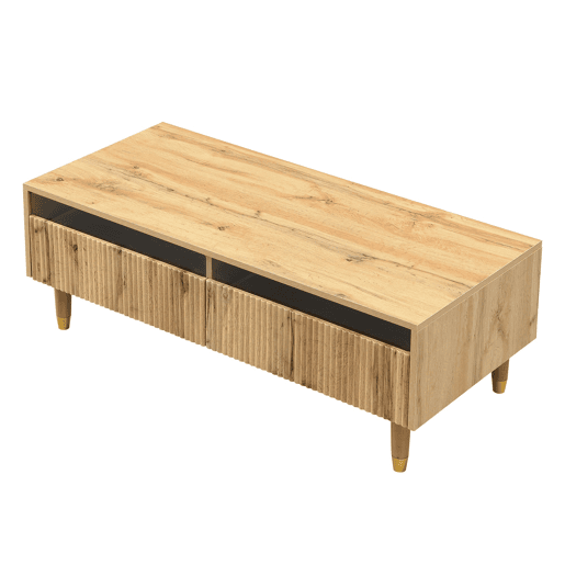 Mesa de centro LED - Com tampo ondulado com gavetas, pernas douradas de madeira, 2 gavetas, luz LED mutável