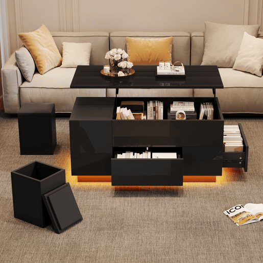 Mesa de centro 100x50x45 cm - 4 em 1 LED, altura ajustável, 2 gavetas, sofá e bancos - Preto