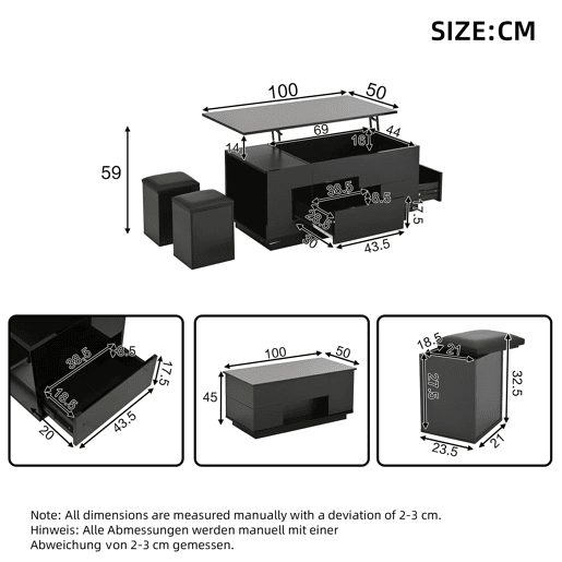 Mesa de centro 100x50x45 cm - 4 em 1 LED, altura ajustável, 2 gavetas, sofá e bancos - Preto