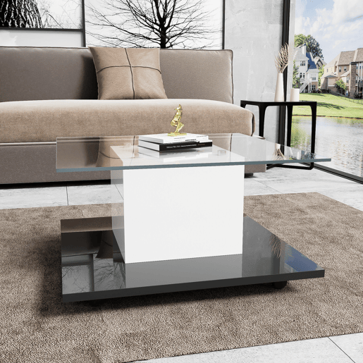 Mesa de centro - Mesa de centro em vidro de alto brilho, mesa de centro móvel com rodas giratórias - Branco+Preto