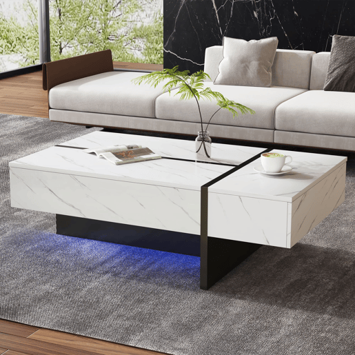 Mesa de centro 105x60x35 cm - design irregular, LED, mármore, alto brilho - Branco Mesa de centro 105x60x35 cm - design irregular, LED, mármore, alto brilho - Branco