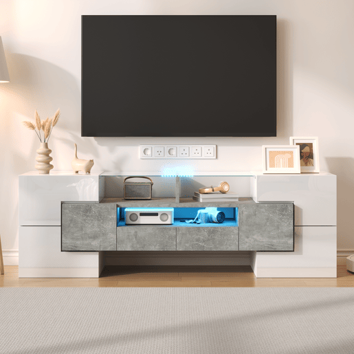 Móvel de TV 145 cm - Design moderno, superfície de vidro elegante, iluminação LED - Branco
