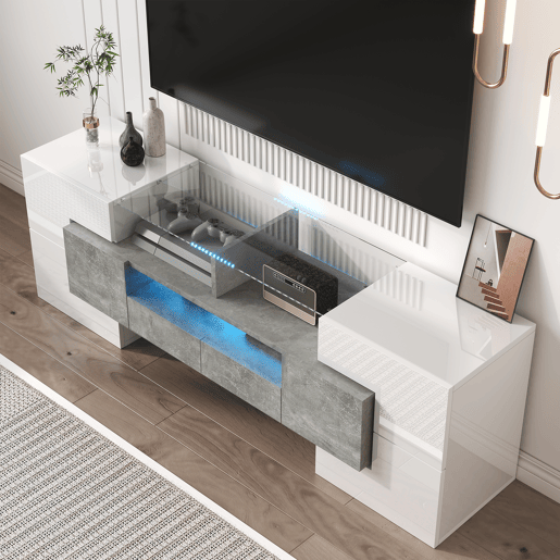 Móvel de TV 145 cm - Design moderno, superfície de vidro elegante, iluminação LED - Branco