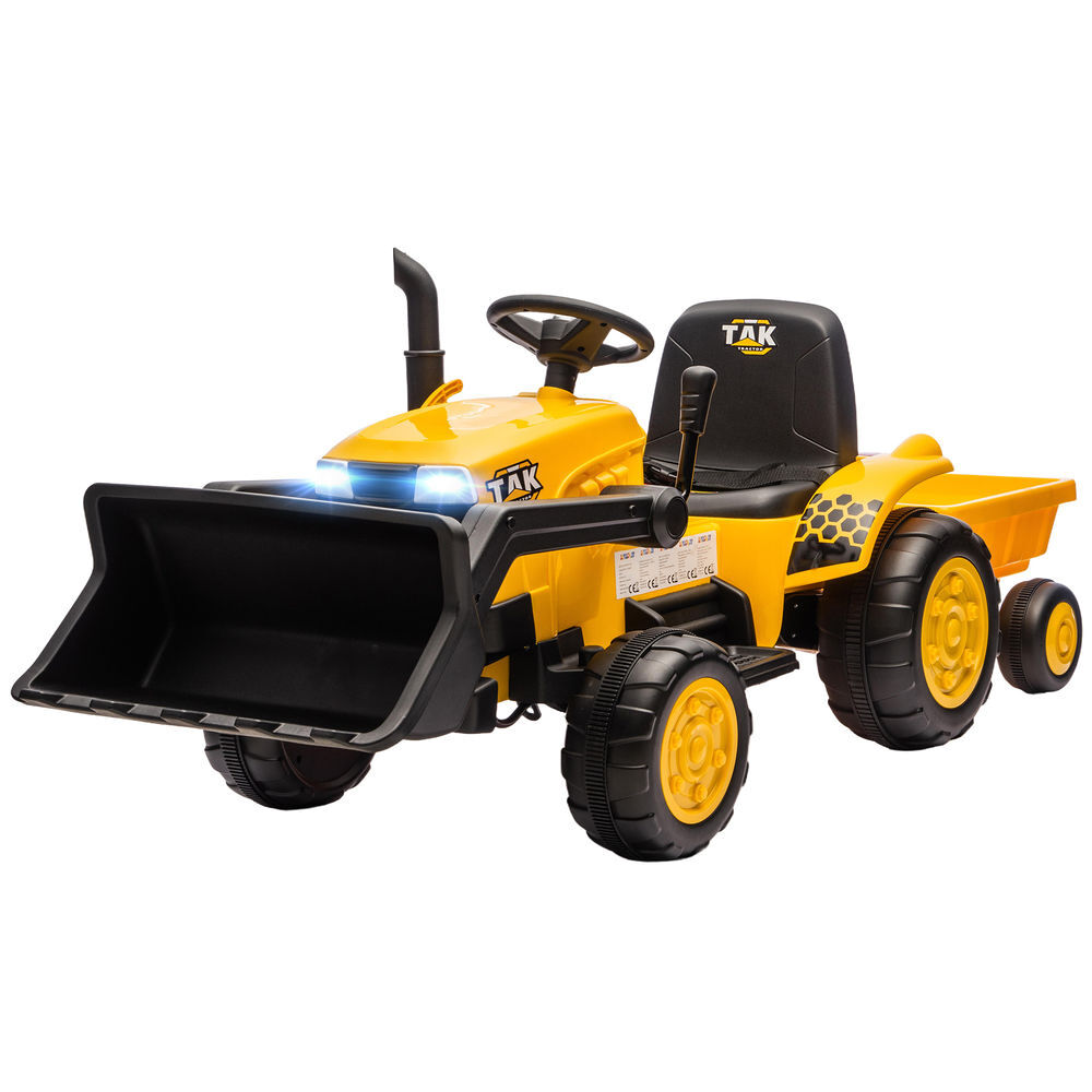 Aiyaplay tractor eléctrico para niños con remolque desmontable y pala, tractor de juguete de batería 12v, motor doble, control remoto 2,4g, luces, música, conexión inalámbrica, usb para niños +3 años