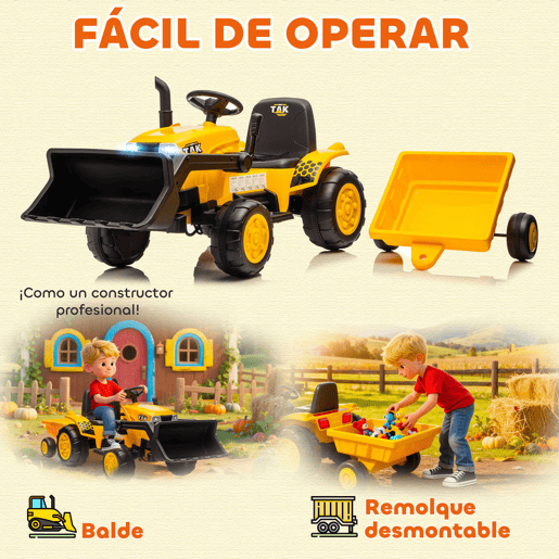 AIYAPLAY Trator Elétrico para Crianças com Reboque e Pá Bateria de 12V Motor Duplo Controle Remoto 2,4G Luzes Música Conexão Sem Fios USB para Crianças dos 3 aos 8 Anos 146x58x58,5 cm Amarelo