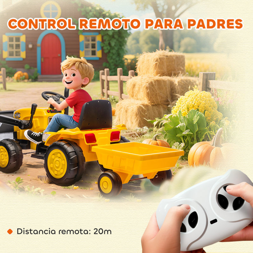AIYAPLAY Trator Elétrico para Crianças com Reboque e Pá Bateria de 12V Motor Duplo Controle Remoto 2,4G Luzes Música Conexão Sem Fios USB para Crianças dos 3 aos 8 Anos 146x58x58,5 cm Amarelo