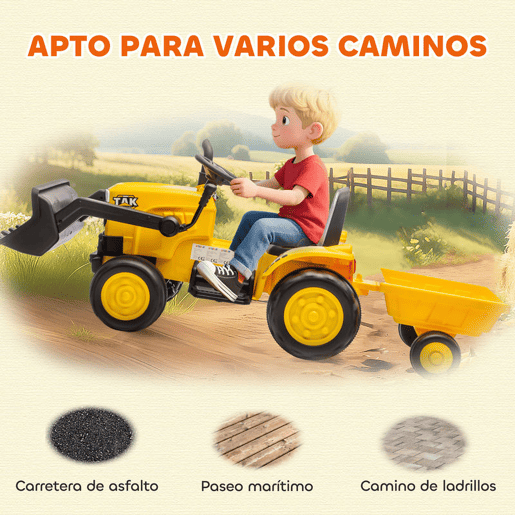 AIYAPLAY Trator Elétrico para Crianças com Reboque e Pá Bateria de 12V Motor Duplo Controle Remoto 2,4G Luzes Música Conexão Sem Fios USB para Crianças dos 3 aos 8 Anos 146x58x58,5 cm Amarelo