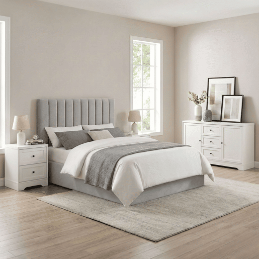 Conjunto de móveis para quarto de casal, cabeceira, 2 mesas de cabeceira e aparador, branco e cinza, 160 cm