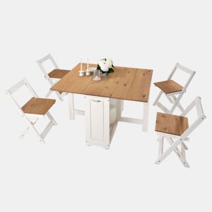 Conjunto de mesa de cozinha dobrável Belisim com 4 cadeiras dobráveis u200Bu200Bpara sala de jantar ou cozinha, 2 asas dobráveis, branco fosco e carvalho