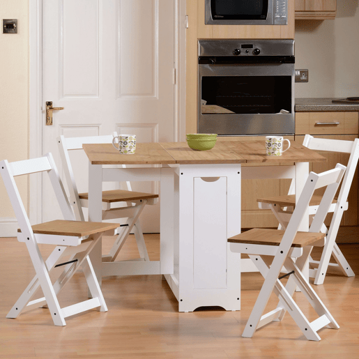 Conjunto de mesa de cozinha dobrável Belisim com 4 cadeiras dobráveis u200Bu200Bpara sala de jantar ou cozinha, 2 asas dobráveis, branco fosco e carvalho