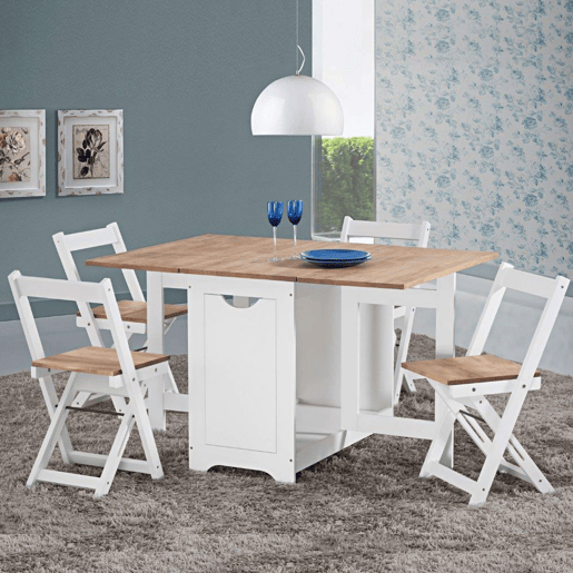 Conjunto de mesa de cozinha dobrável Belisim com 4 cadeiras dobráveis u200Bu200Bpara sala de jantar ou cozinha, 2 asas dobráveis, branco fosco e carvalho