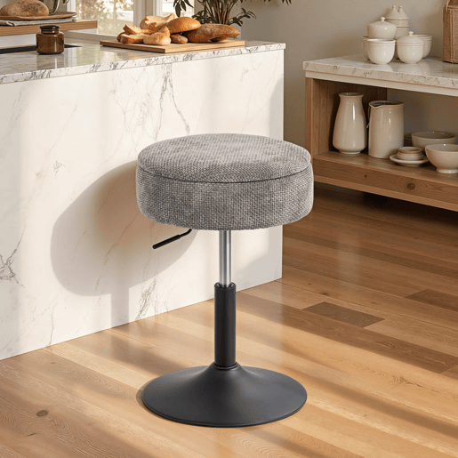 HOMCOM Banco de Bar com Armazenamento Altura Ajustável Banco de Cozinha Redondo Giratório Estofado em Chenilla Base em Aço Acolchoado para Sala de Estar Sala de Jantar Escritório 39x39x49-65 cm Cinzento