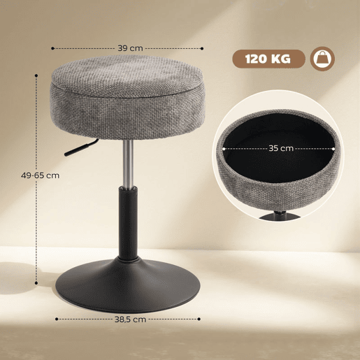 HOMCOM Banco de Bar com Armazenamento Altura Ajustável Banco de Cozinha Redondo Giratório Estofado em Chenilla Base em Aço Acolchoado para Sala de Estar Sala de Jantar Escritório 39x39x49-65 cm Cinzento