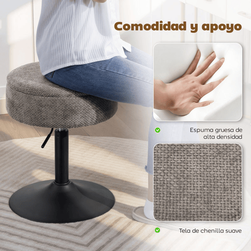 HOMCOM Banco de Bar com Armazenamento Altura Ajustável Banco de Cozinha Redondo Giratório Estofado em Chenilla Base em Aço Acolchoado para Sala de Estar Sala de Jantar Escritório 39x39x49-65 cm Cinzento