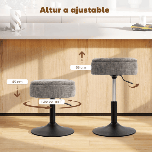 HOMCOM Banco de Bar com Armazenamento Altura Ajustável Banco de Cozinha Redondo Giratório Estofado em Chenilla Base em Aço Acolchoado para Sala de Estar Sala de Jantar Escritório 39x39x49-65 cm Cinzento