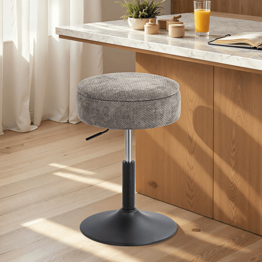 HOMCOM Banco de Bar com Armazenamento Altura Ajustável Banco de Cozinha Redondo Giratório Estofado em Chenilla Base em Aço Acolchoado para Sala de Estar Sala de Jantar Escritório 39x39x49-65 cm Cinzento