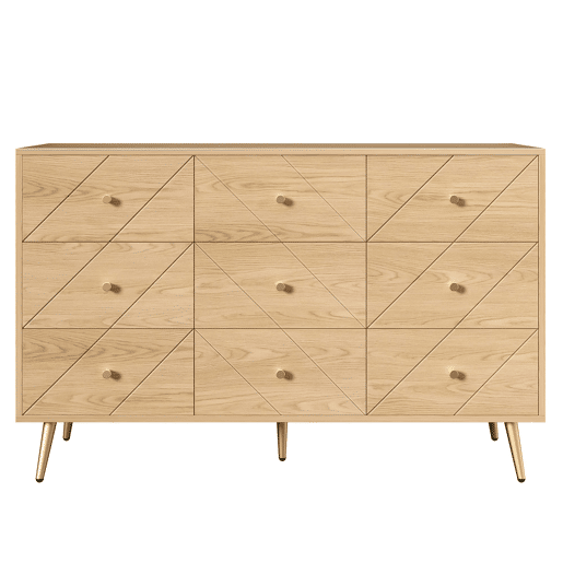 Cômoda moderna com 9 gavetas - Design geométrico elegante - Cor natural