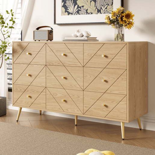 Cômoda moderna com 9 gavetas - Design geométrico elegante - Cor natural