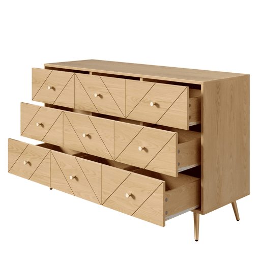 Cômoda moderna com 9 gavetas - Design geométrico elegante - Cor natural