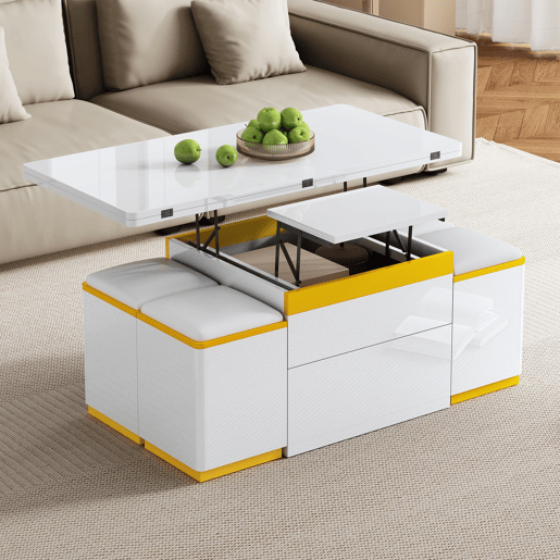 Mesa de centro elevável 100x50x43 - multifuncional dobrável - branco alto brilho
