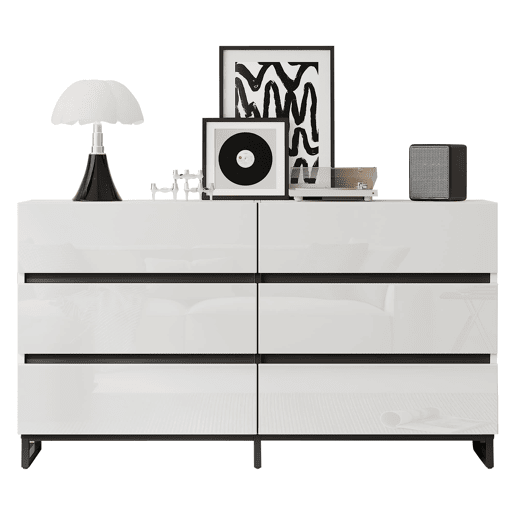 Aparador 140x39,5x78,5 cm - 6 gavetas, 3 pés metálicos, alta capacidade - Branco Aparador 140x39,5x78,5 cm - 6 gavetas, 3 pés metálicos, alta capacidade - Branco