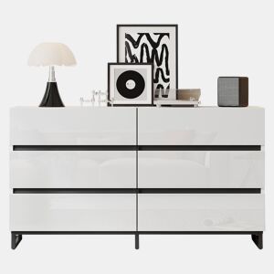 Aparador 140x39,5x78,5 cm - 6 gavetas, 3 pés metálicos, alta capacidade - Branco