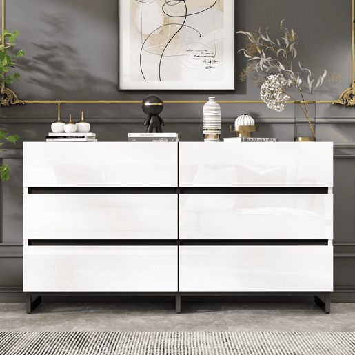 Aparador 140x39,5x78,5 cm - 6 gavetas, 3 pés metálicos, alta capacidade - Branco Aparador 140x39,5x78,5 cm - 6 gavetas, 3 pés metálicos, alta capacidade - Branco