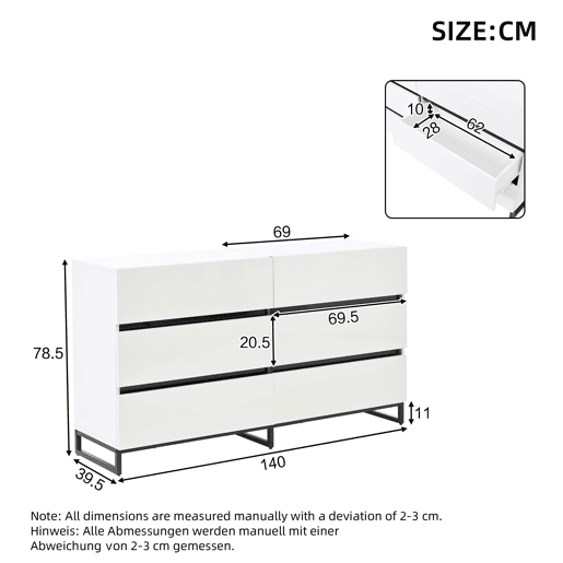 Aparador 140x39,5x78,5 cm - 6 gavetas, 3 pés metálicos, alta capacidade - Branco Aparador 140x39,5x78,5 cm - 6 gavetas, 3 pés metálicos, alta capacidade - Branco