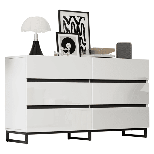 Aparador 140x39,5x78,5 cm - 6 gavetas, 3 pés metálicos, alta capacidade - Branco Aparador 140x39,5x78,5 cm - 6 gavetas, 3 pés metálicos, alta capacidade - Branco