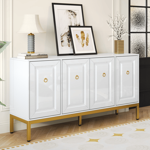 Aparador 140x80x40 cm - Elemento de arrumação de alto brilho, com prateleiras, puxadores e pés dourados - Branco