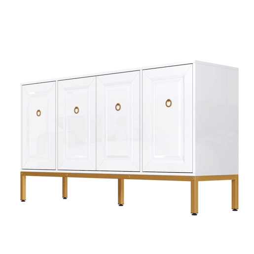 Aparador 140x80x40 cm - Elemento de arrumação de alto brilho, com prateleiras, puxadores e pés dourados - Branco