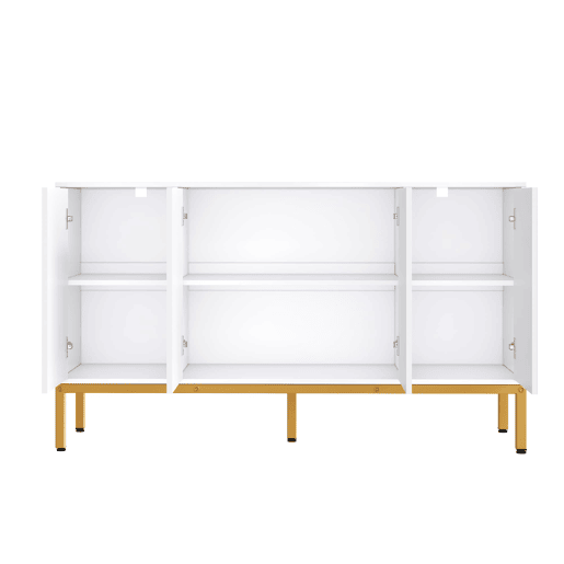 Aparador 140x80x40 cm - Elemento de arrumação de alto brilho, com prateleiras, puxadores e pés dourados - Branco