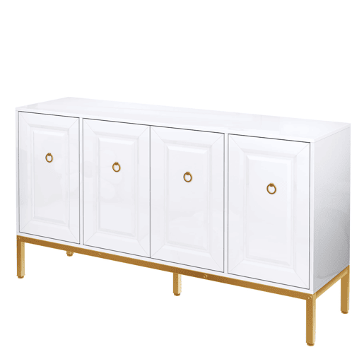 Aparador 140x80x40 cm - Elemento de arrumação de alto brilho, com prateleiras, puxadores e pés dourados - Branco