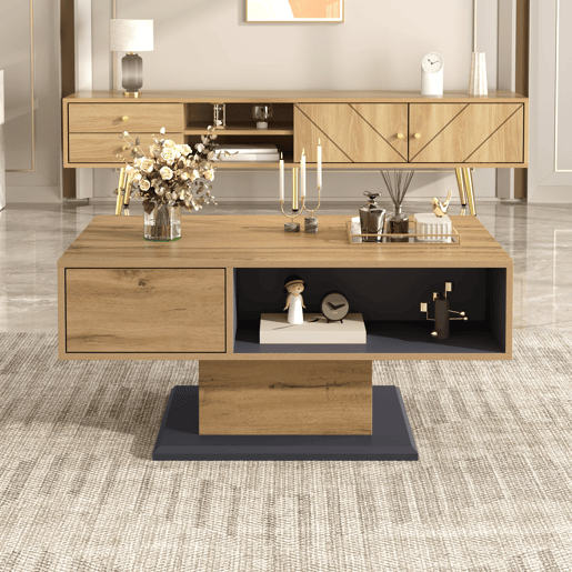 Mesa de centro 120x60 cm - duplo armazenamento, compartimento grande, interior extra - Natural