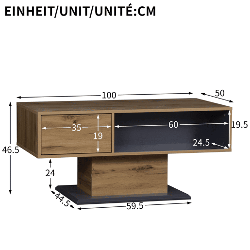 Mesa de centro 120x60 cm - duplo armazenamento, compartimento grande, interior extra - Natural