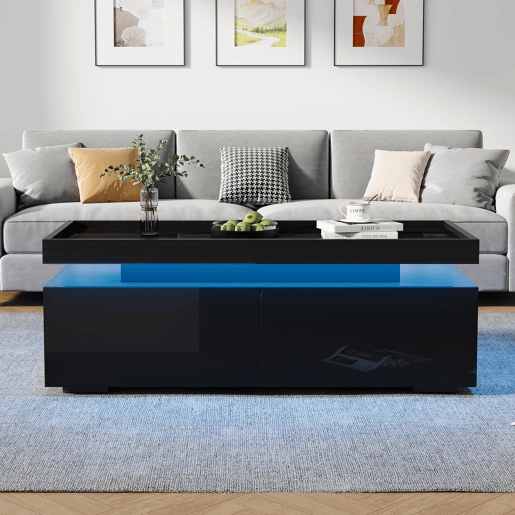 Mesa de centro 95x45x35 cm - LED, 2 gavetas, design geométrico, alto brilho - preto